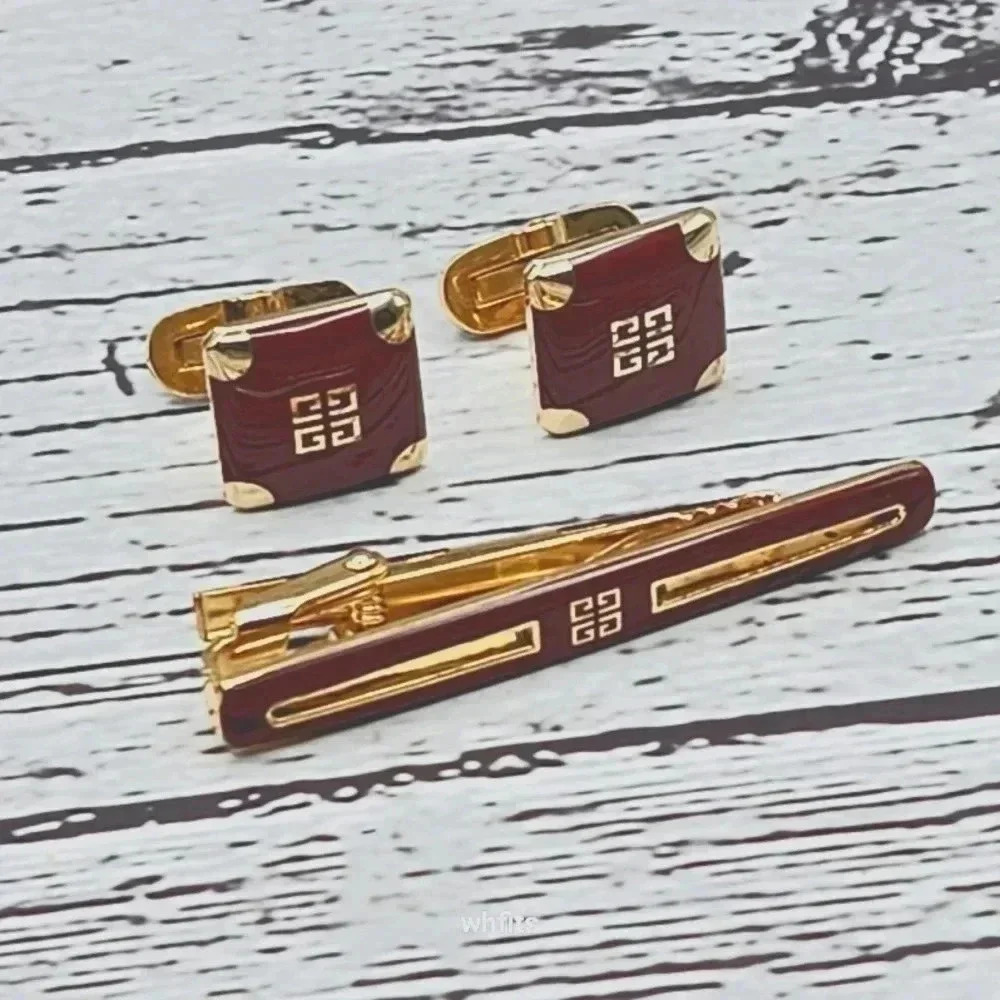 Givenchy Burgundy and Gold Tone Cufflinks and Tie Bar Set